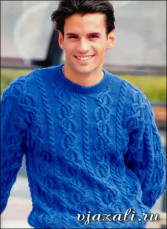Вязаный мужской пуловер с рельефным узором. Схема вязания спицами